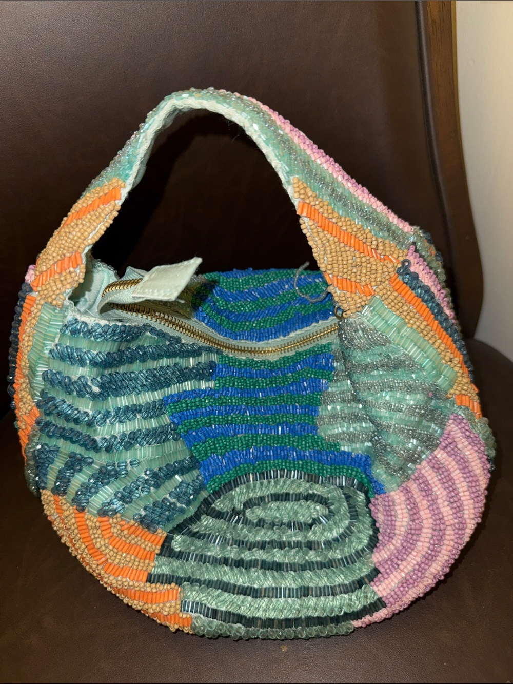 Beaded Multicolor Hobo Bag - Green/Pink Accent - flash birthday sale! - Picture 2 of 6